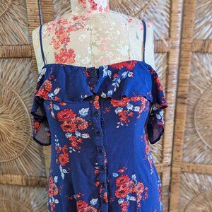 Xhilaration Cold Shoulder Floral Blue and Red Sun Dress EUC Sz XL